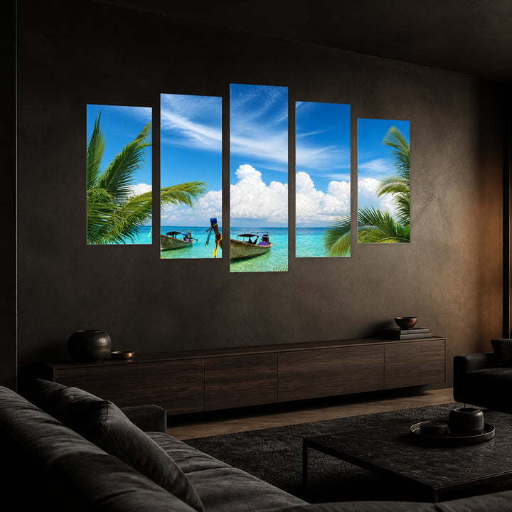 Tropical Sea with Dreamlike Atmosphere — five-panel wall art in perspective interior | 5wallart 55271 M2
