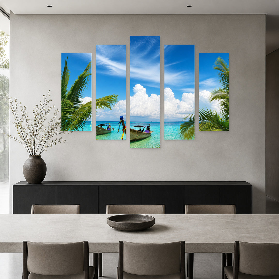 Tropical Sea with Dreamlike Atmosphere — five-panel wall art in alternate frontal interior | 5wallart 55271 M4