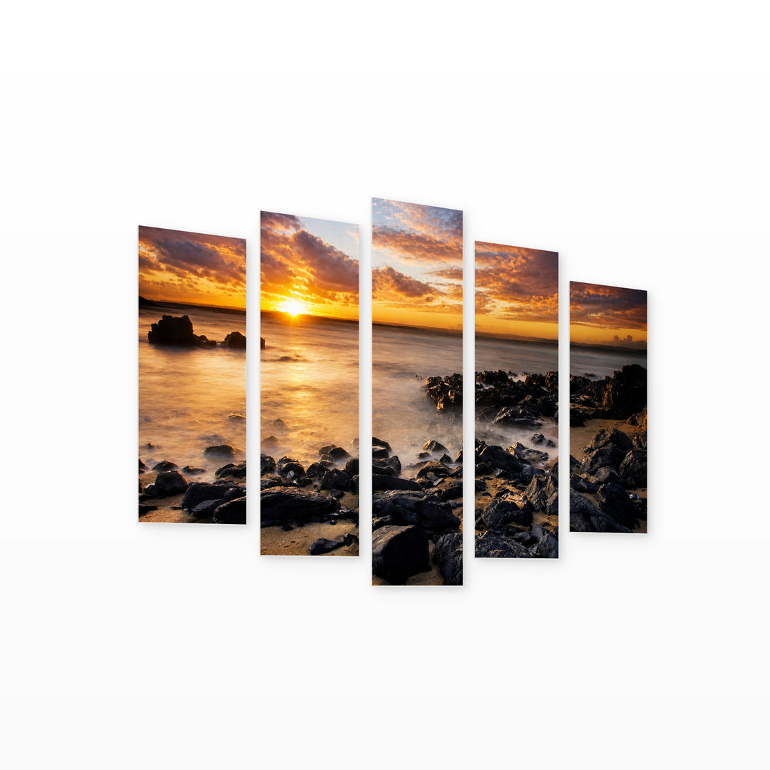 Sunset by the Sea with Dreamlike Atmosphere — five-panel wall art on white background in perspective | 5wallart 55272 M1