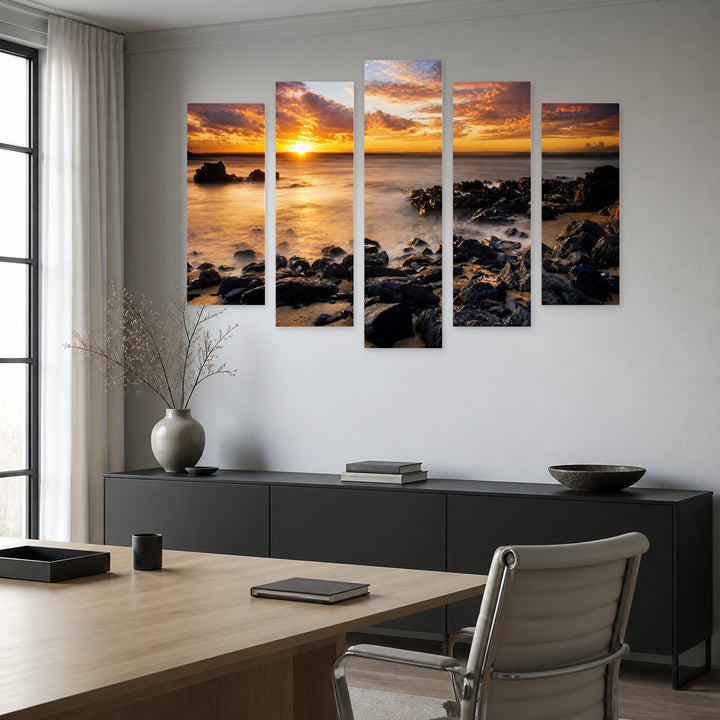 Sunset by the Sea with Dreamlike Atmosphere — five-panel wall art in frontal interior | 5wallart 55272 M3