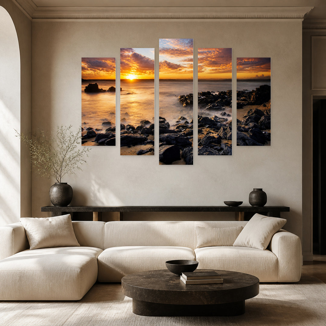 Sunset by the Sea with Dreamlike Atmosphere — five-panel wall art in alternate frontal interior | 5wallart 55272 M4