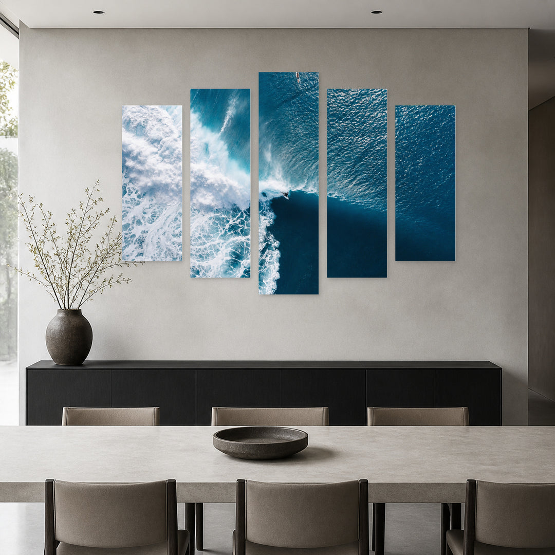 Ocean and Surfers Coastal Panorama — five-panel wall art in alternate frontal interior | 5wallart 55273 M4