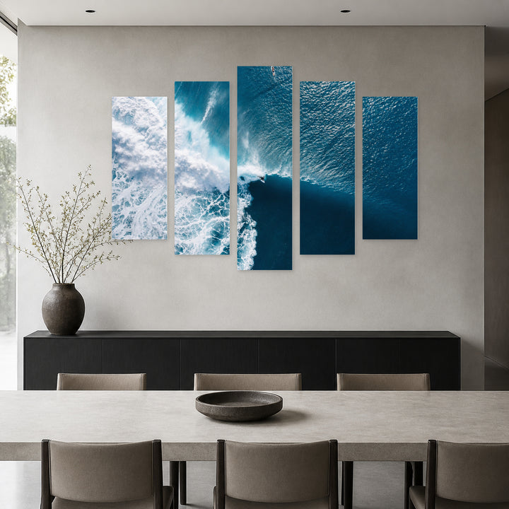 Ocean and Surfers Coastal Panorama — five-panel wall art in alternate frontal interior | 5wallart 55273 M4