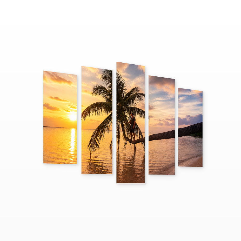 Sunset with Palm Trees with Dreamlike Atmosphere — five-panel wall art on white background in perspective | 5wallart 55274 M1