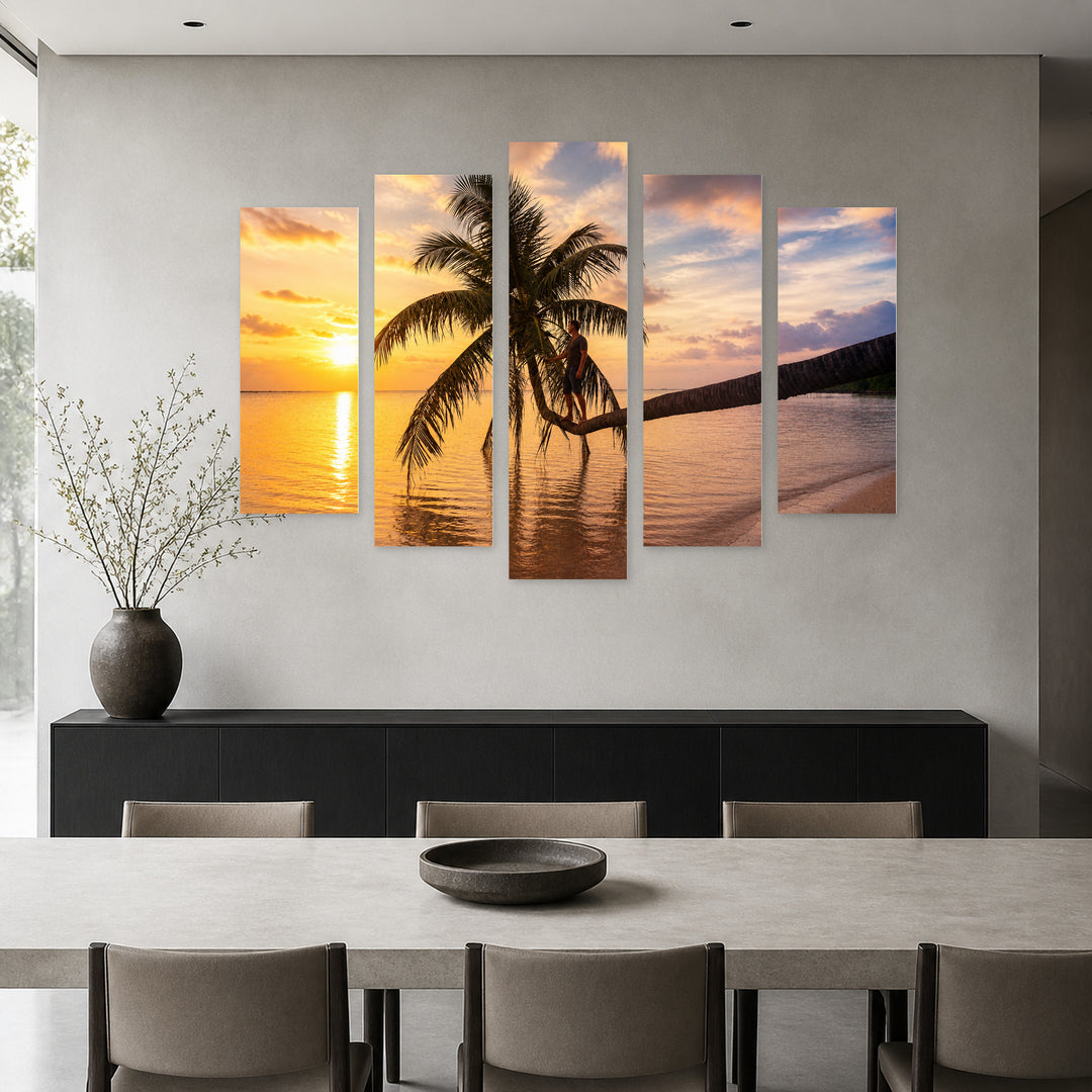 Sunset with Palm Trees with Dreamlike Atmosphere — five-panel wall art in frontal interior | 5wallart 55274 M3