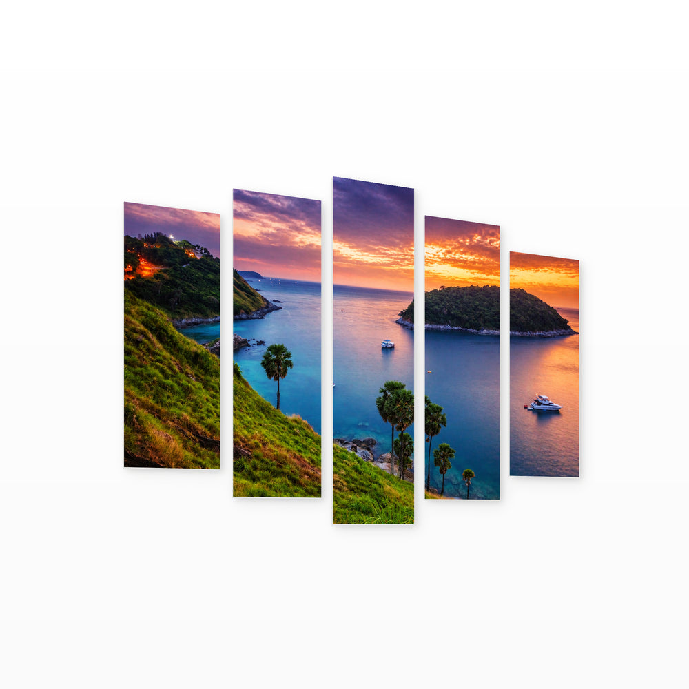 Golden Sunset over Tropical Sea — five-panel wall art on white background in perspective | 5wallart 55275 M1