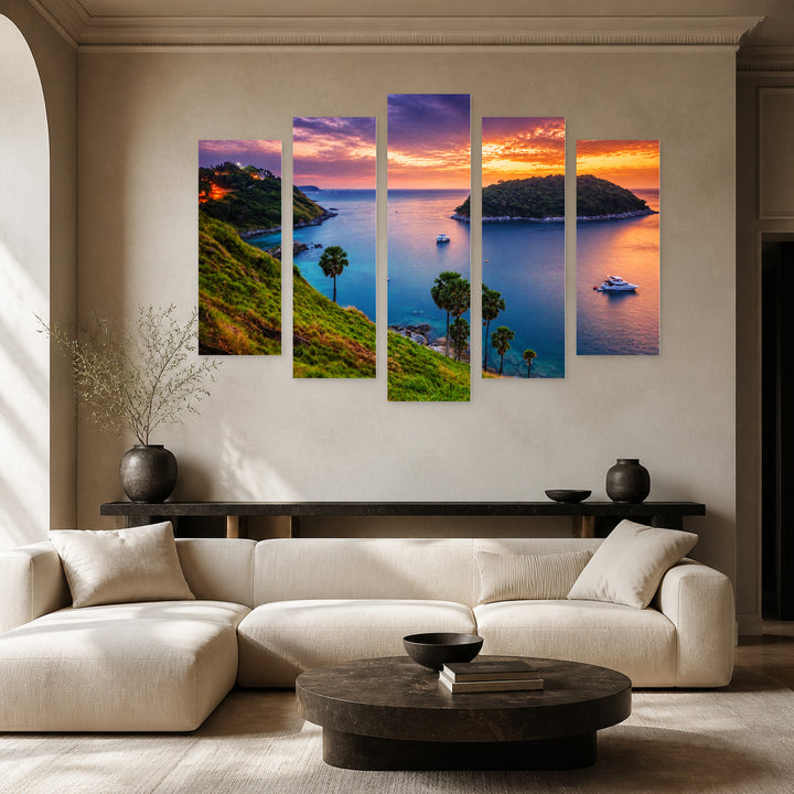 Golden Sunset over Tropical Sea — five-panel wall art in frontal interior | 5wallart 55275 M3