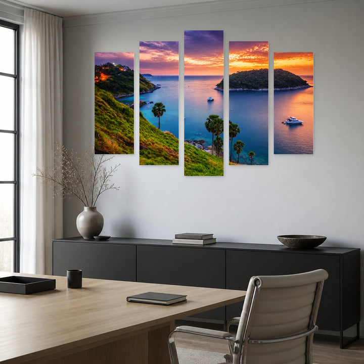 Golden Sunset over Tropical Sea — five-panel wall art in alternate frontal interior | 5wallart 55275 M4