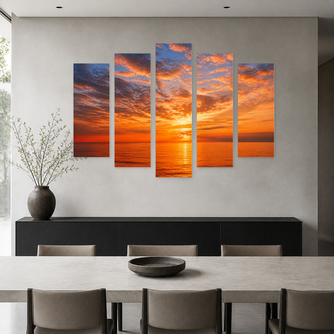 Golden Fiery Sunset — five-panel wall art in frontal interior | 5wallart 55276 M3