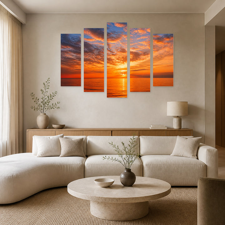 Golden Fiery Sunset — five-panel wall art in alternate frontal interior | 5wallart 55276 M4