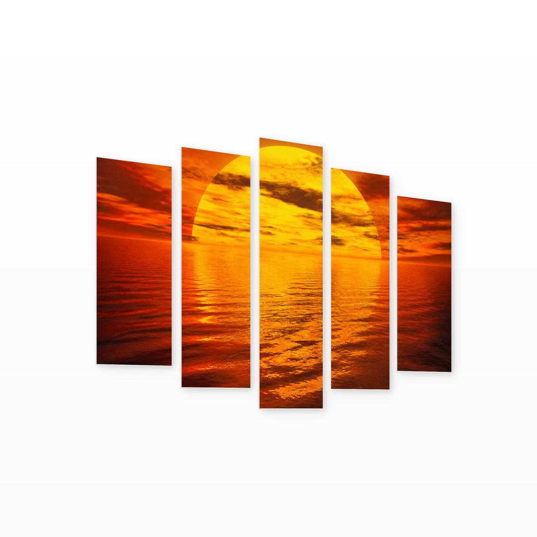 Golden Sea Sunset — five-panel wall art on white background in perspective | 5wallart 55277 M1