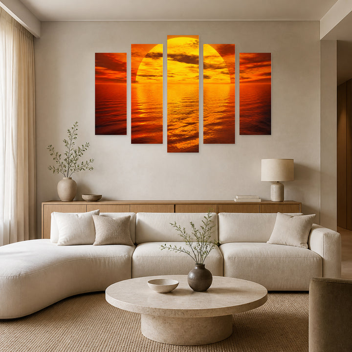 Golden Sea Sunset — five-panel wall art in frontal interior | 5wallart 55277 M3