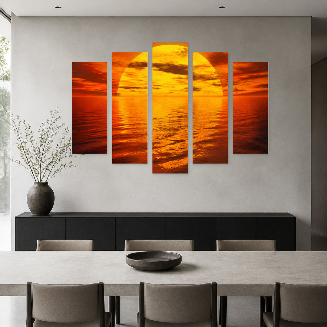 Golden Sea Sunset — five-panel wall art in alternate frontal interior | 5wallart 55277 M4