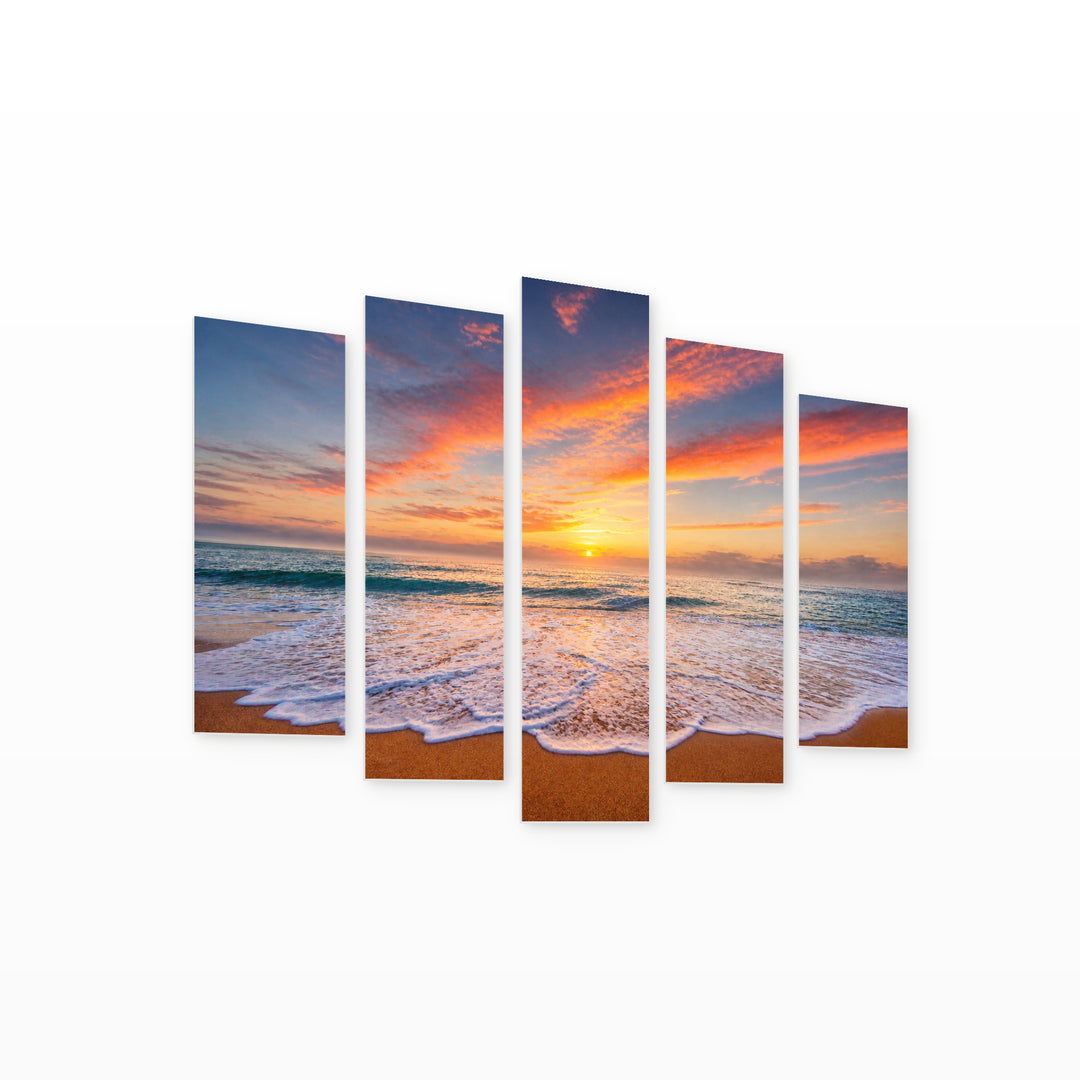 Seascape at Sunrise in Serene Light — five-panel wall art on white background in perspective | 5wallart 55278 M1