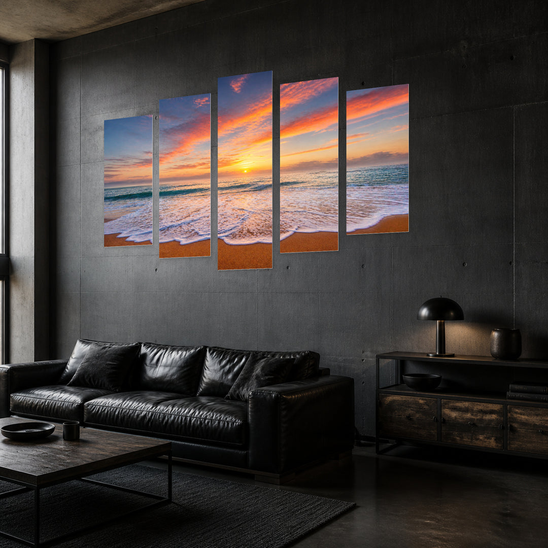 Seascape at Sunrise in Serene Light — five-panel wall art in perspective interior | 5wallart 55278 M2