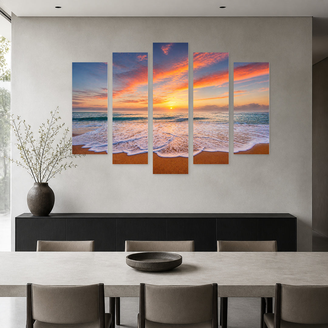 Seascape at Sunrise in Serene Light — five-panel wall art in frontal interior | 5wallart 55278 M3
