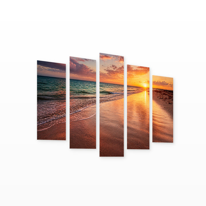 Sunset by the Ocean with Geometric Rhythm — five-panel wall art on white background in perspective | 5wallart 55279 M1