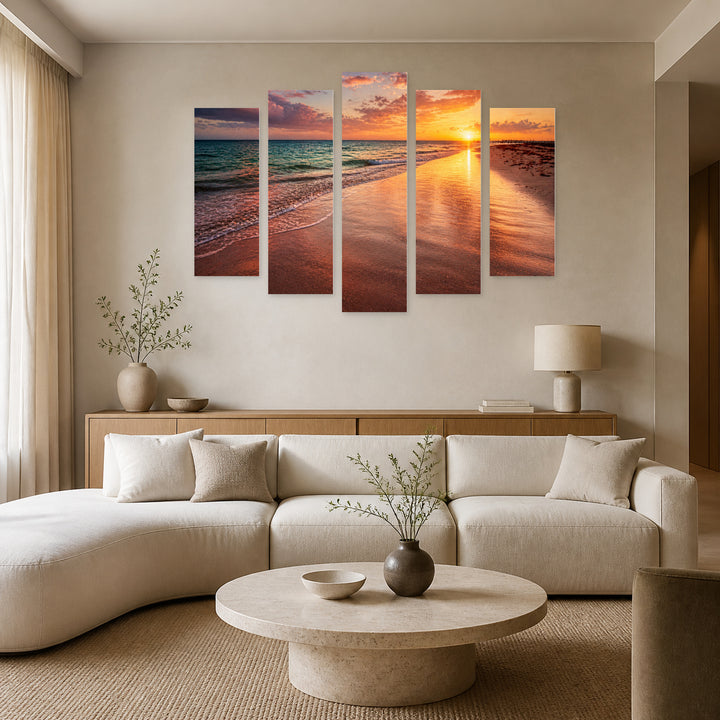 Sunset by the Ocean with Geometric Rhythm — five-panel wall art in frontal interior | 5wallart 55279 M3