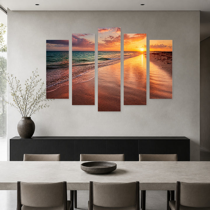Sunset by the Ocean with Geometric Rhythm — five-panel wall art in alternate frontal interior | 5wallart 55279 M4
