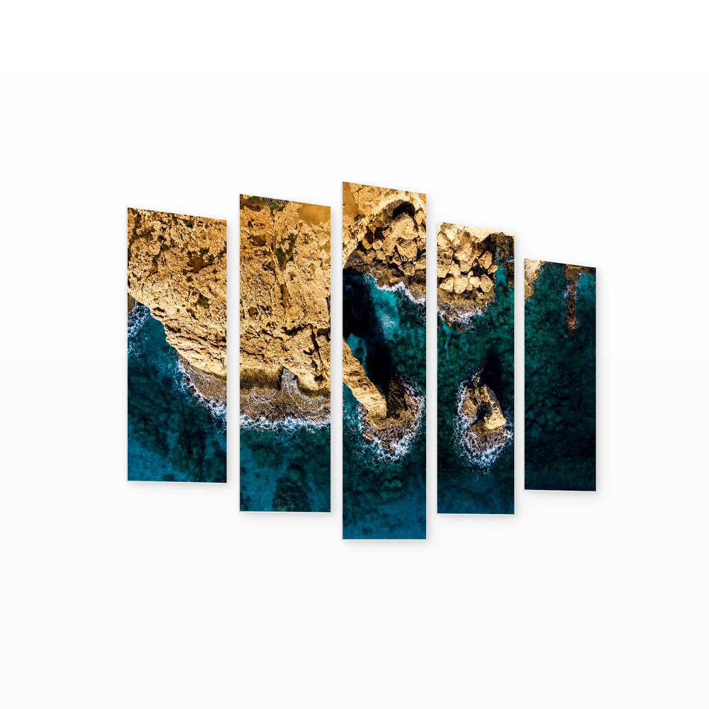 Shore in Blue and Gold — five-panel wall art on white background in perspective | 5wallart 55280 M1