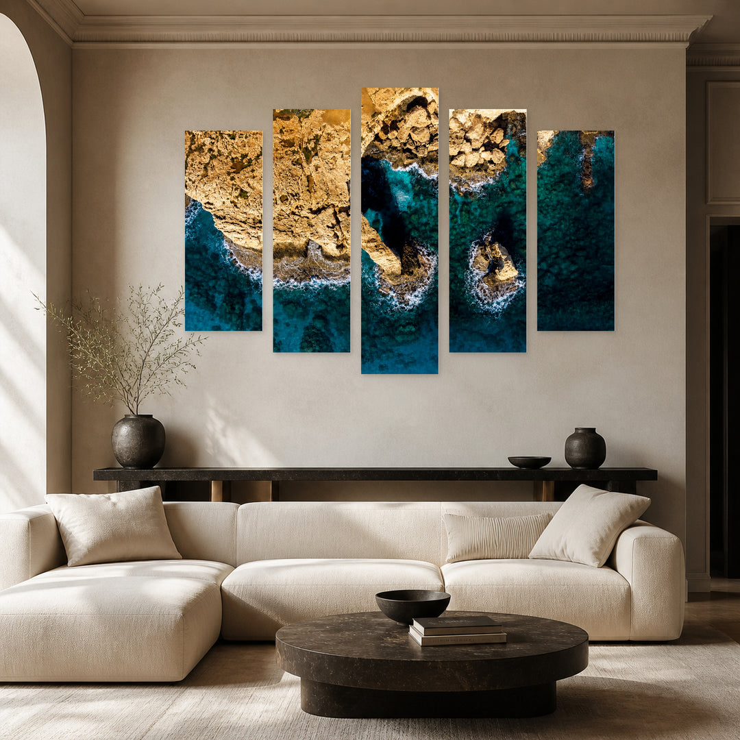 Shore in Blue and Gold — five-panel wall art in alternate frontal interior | 5wallart 55280 M4