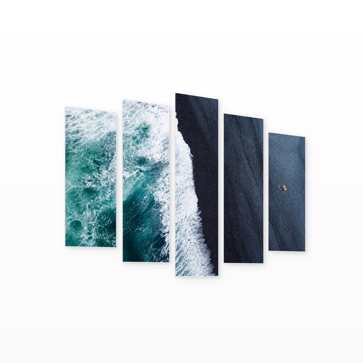 On the Ocean Shore in Blue and Gold — five-panel wall art on white background in perspective | 5wallart 55281 M1