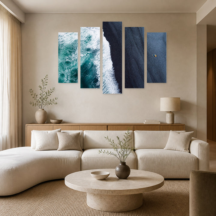 On the Ocean Shore in Blue and Gold — five-panel wall art in frontal interior | 5wallart 55281 M3