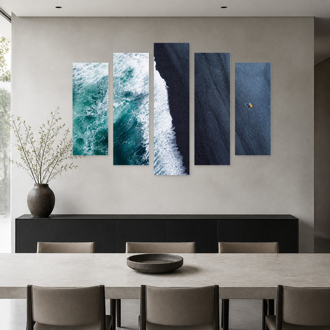 On the Ocean Shore in Blue and Gold — five-panel wall art in alternate frontal interior | 5wallart 55281 M4