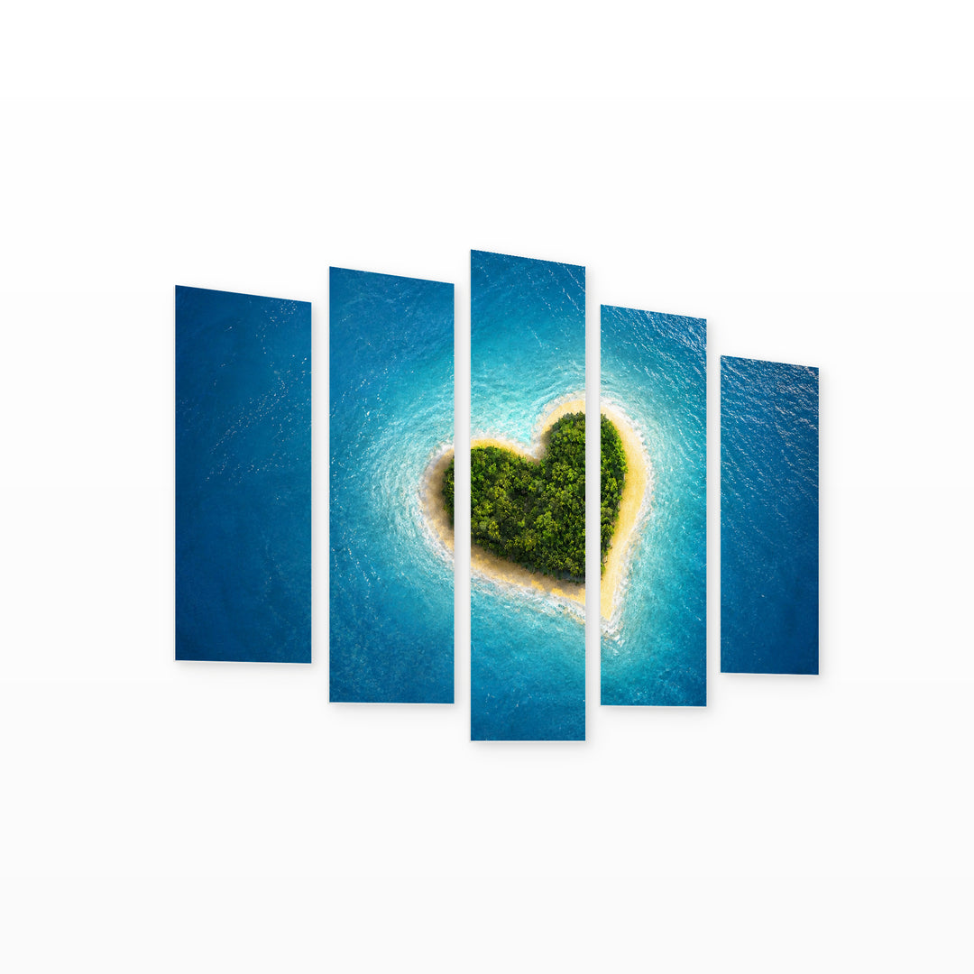 Tropical Heart-shaped Island in Blue and Gold — five-panel wall art on white background in perspective | 5wallart 55282 M1