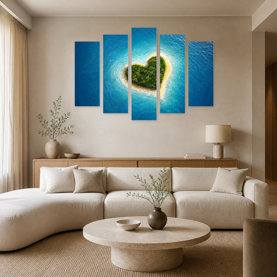 Tropical Heart-shaped Island in Blue and Gold — five-panel wall art in alternate frontal interior | 5wallart 55282 M4