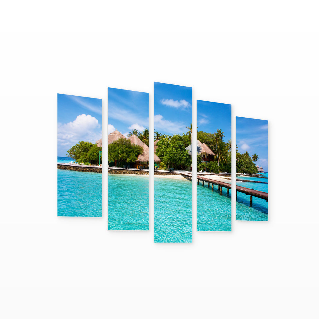 Sea Paradise with Geometric Rhythm — five-panel wall art on white background in perspective | 5wallart 55283 M1