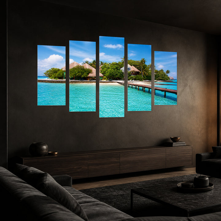 Sea Paradise with Geometric Rhythm — five-panel wall art in perspective interior | 5wallart 55283 M2