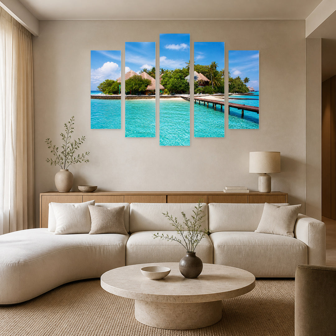 Sea Paradise with Geometric Rhythm — five-panel wall art in frontal interior | 5wallart 55283 M3