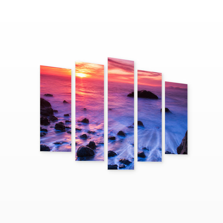 Magical Sunset over the Ocean in Serene Light — five-panel wall art on white background in perspective | 5wallart 55284 M1
