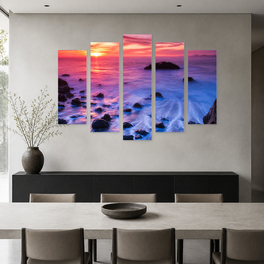 Magical Sunset over the Ocean in Serene Light — five-panel wall art in frontal interior | 5wallart 55284 M3
