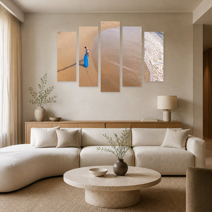 Surfer on the Ocean Shore Coastal Panorama — five-panel wall art in frontal interior | 5wallart 55285 M3