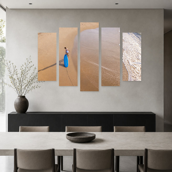 Surfer on the Ocean Shore Coastal Panorama — five-panel wall art in alternate frontal interior | 5wallart 55285 M4