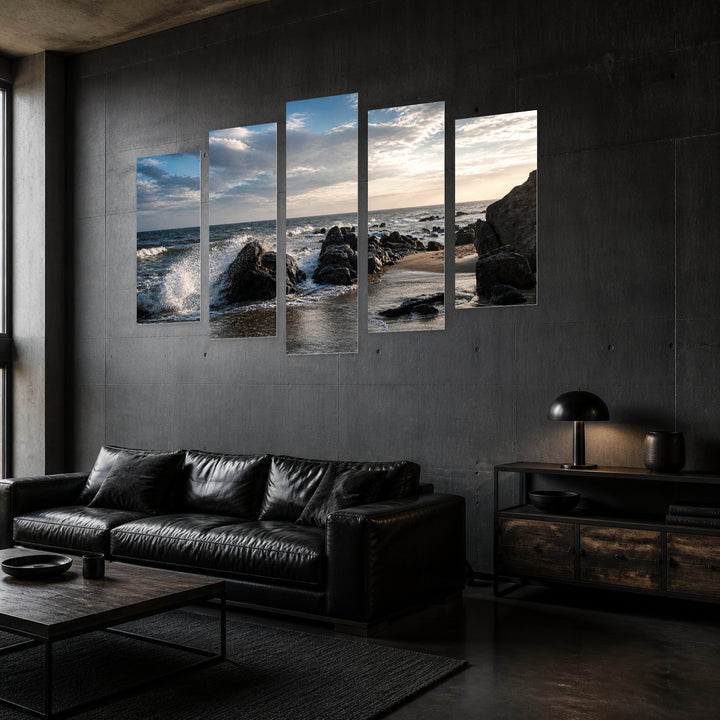 Sea Rocks with Dramatic Contrast — five-panel wall art in perspective interior | 5wallart 55286 M2