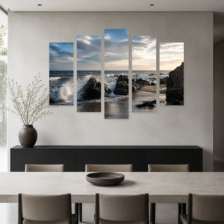 Sea Rocks with Dramatic Contrast — five-panel wall art in frontal interior | 5wallart 55286 M3