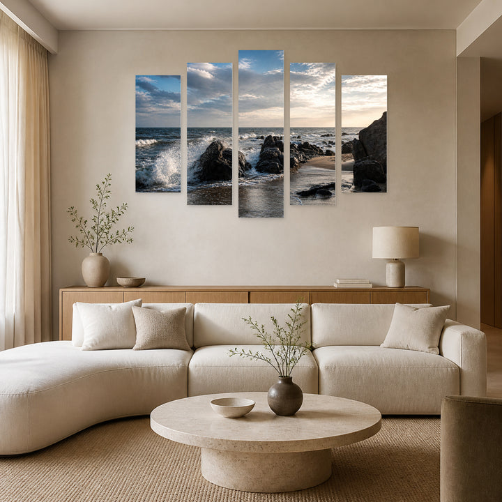 Sea Rocks with Dramatic Contrast — five-panel wall art in alternate frontal interior | 5wallart 55286 M4