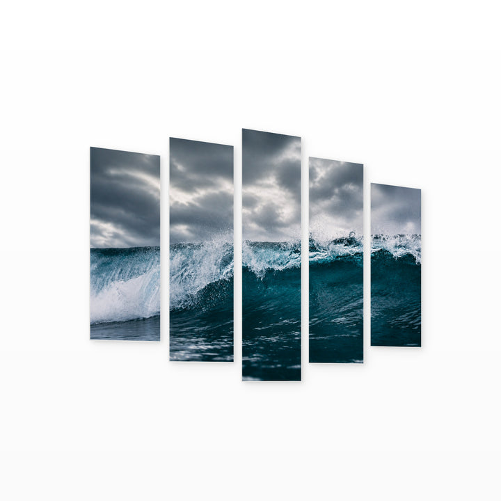 Big Wave with Dramatic Contrast — five-panel wall art on white background in perspective | 5wallart 55287 M1