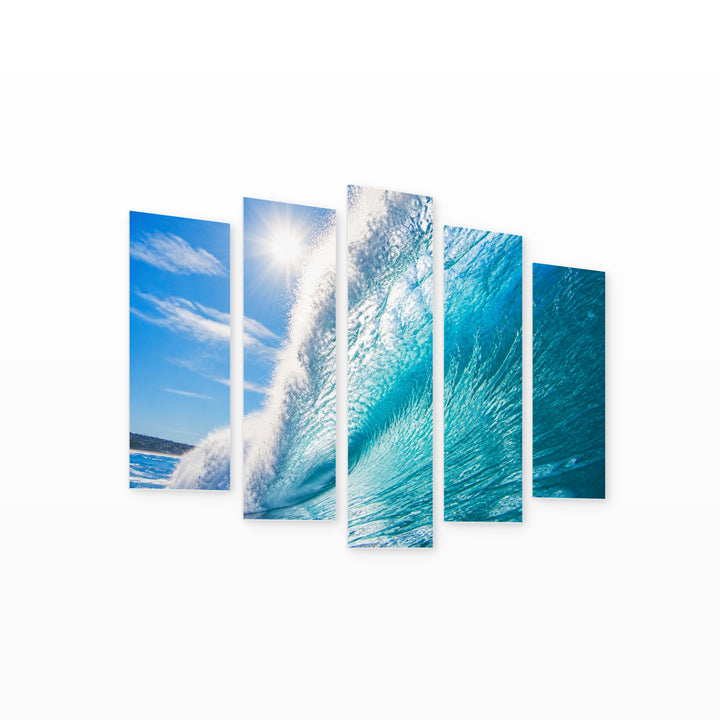 Turquoise Ocean Wave in Serene Light — five-panel wall art on white background in perspective | 5wallart 55290 M1
