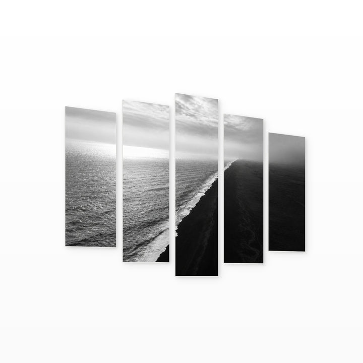 Black and White Seascape with Geometric Rhythm — five-panel wall art on white background in perspective | 5wallart 55291 M1