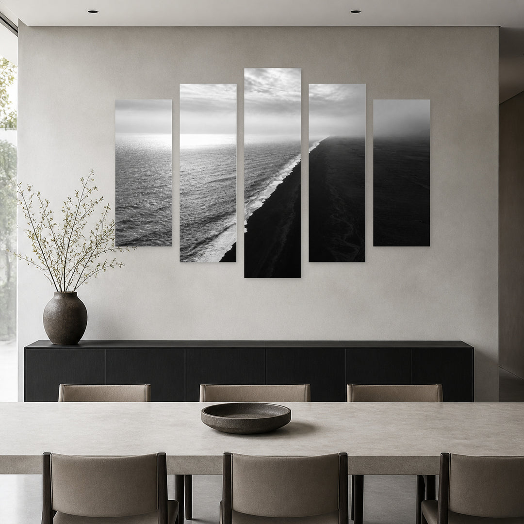 Black and White Seascape with Geometric Rhythm — five-panel wall art in alternate frontal interior | 5wallart 55291 M4