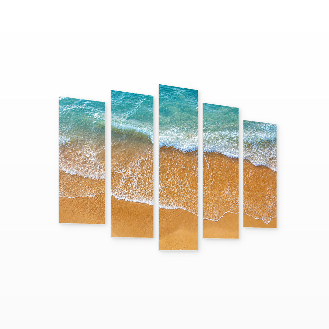 Sandy Beach in Blue and Gold — five-panel wall art on white background in perspective | 5wallart 55292 M1