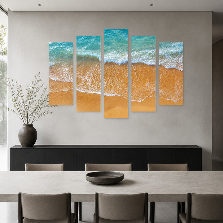 Sandy Beach in Blue and Gold — five-panel wall art in frontal interior | 5wallart 55292 M3