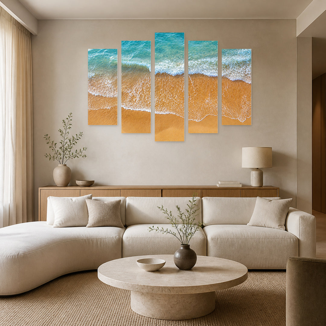 Sandy Beach in Blue and Gold — five-panel wall art in alternate frontal interior | 5wallart 55292 M4