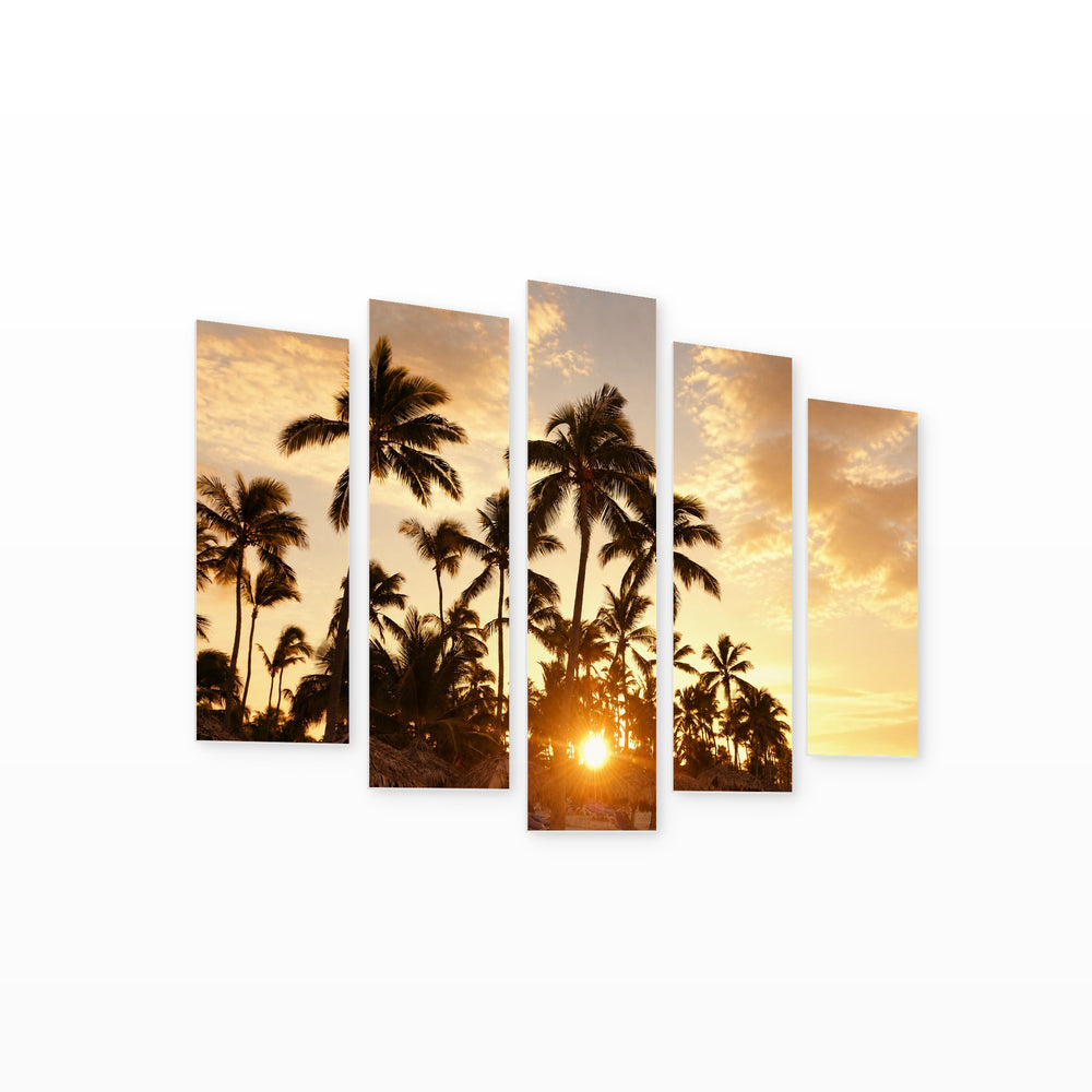 Golden Caribbean Sunset — five-panel wall art on white background in perspective | 5wallart 55295 M1
