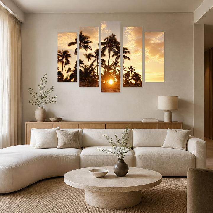 Golden Caribbean Sunset — five-panel wall art in frontal interior | 5wallart 55295 M3