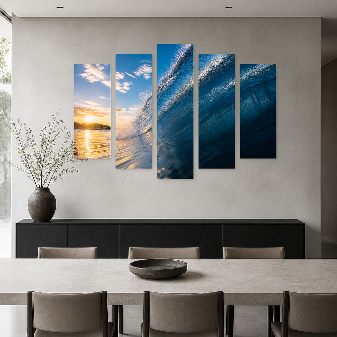 Wave in the Ocean in Serene Light — five-panel wall art in frontal interior | 5wallart 55296 M3